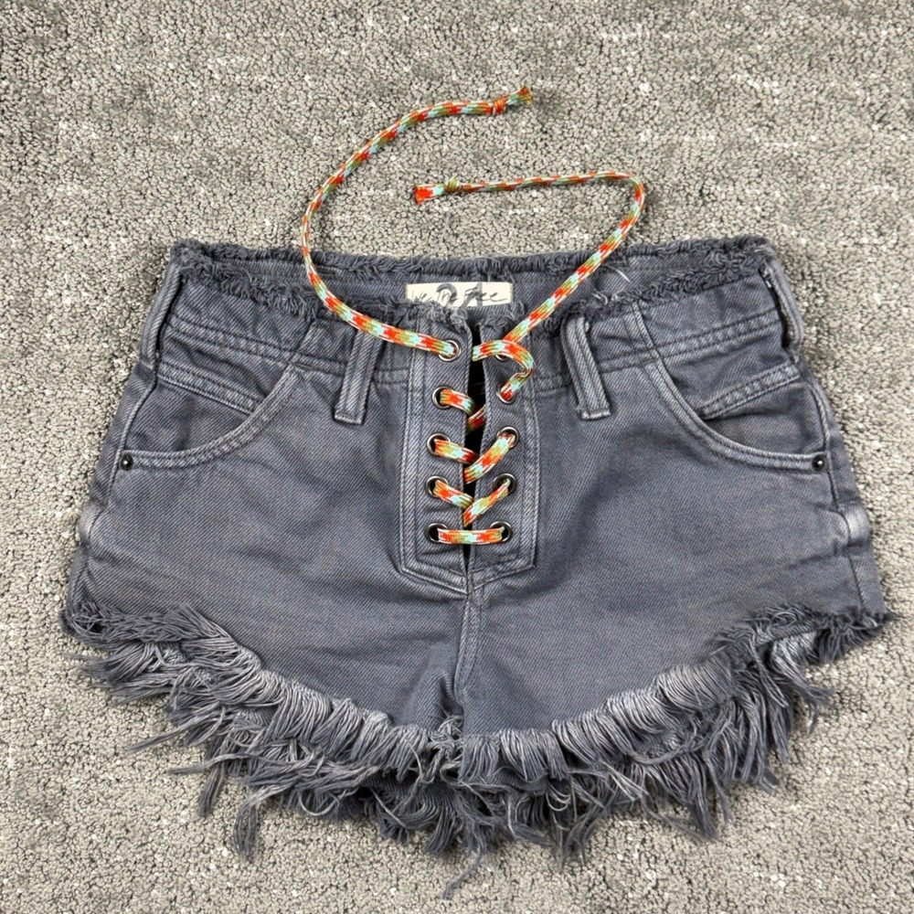 Free People Shorts Women 24 Gray Lace Up Fringe Denim Cut Offs